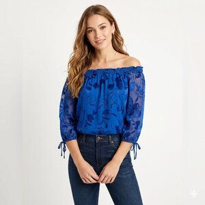 White House Black Market Blue Silk Blend Burnout Floral Off-Shoulder Top XS